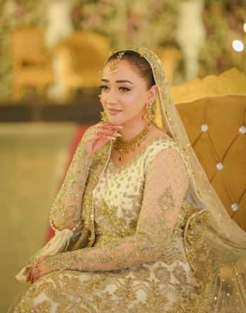 Classic bridal portrait showcasing elegance and traditional Pakistani wedding fashion. Elegant bridal portrait in traditional Pakistani wedding dress photographed by Shahzaib Studios in Islamabad